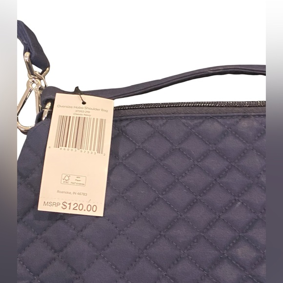 Vera Bradley Oversized Ziptop Hobo Bag in Classic Navy w Floral Print Lining NWT - Picture 3 of 9